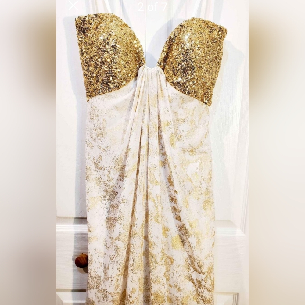 Formal Strapless Gold & White Gown Prom Quinceanera Sequins